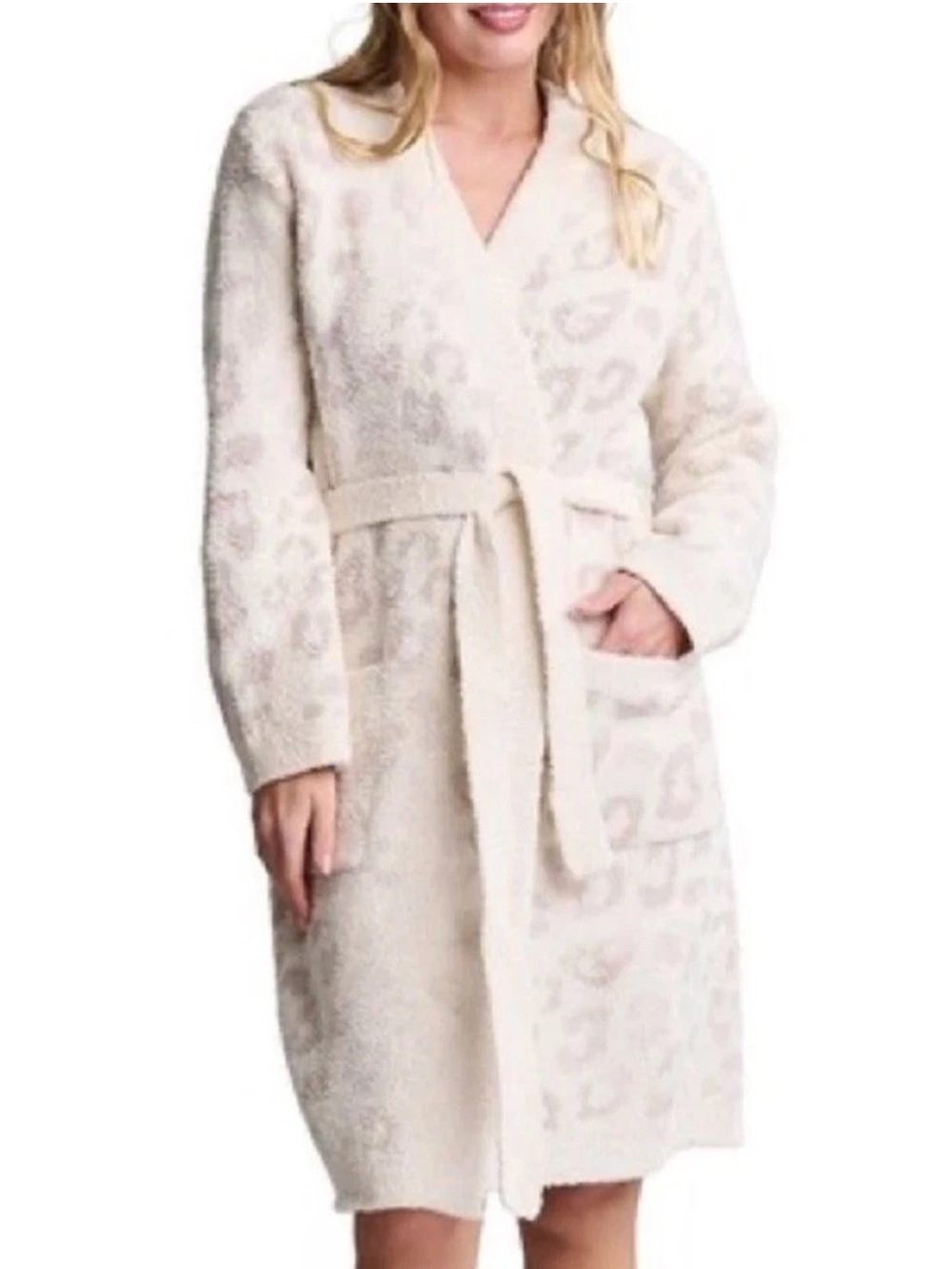 Barefoot Dreams Ivory Plush Leopard-Print Wrap Robe with Belt Sz M